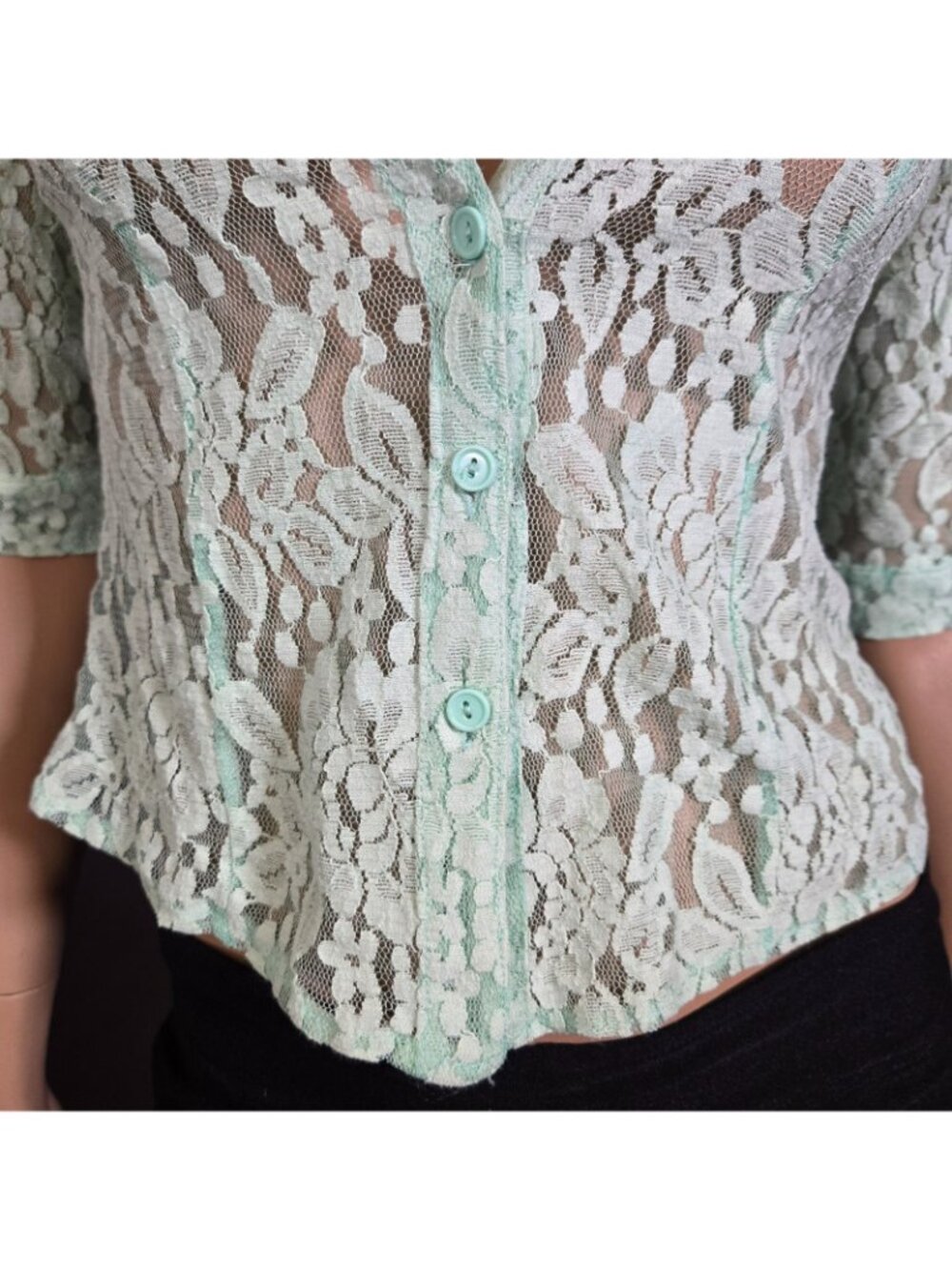 Y2K Aqua Mint Green Lace Button Up Blouse Size XS Office Siren Fairy Coquette - Picture 2 of 11
